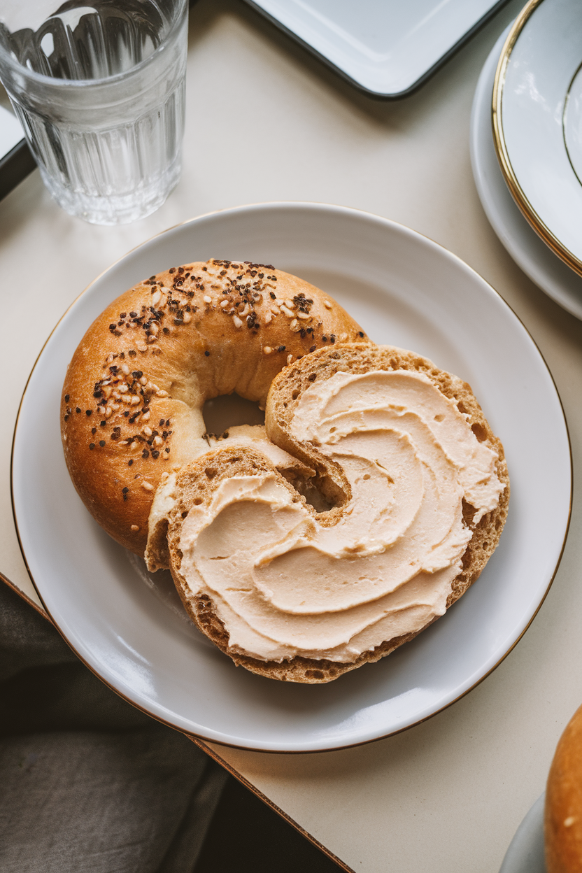 A sliced gluten-free bagel topped with whipped cashew cream cheese on an indoor cafe plate, photographed from above. No text or logos anywhere.