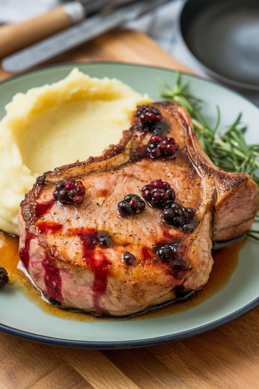 Indoor plate featuring seared pork chop with glossy berry-balsamic glaze, mashed potatoes on the side. No text or logos.
