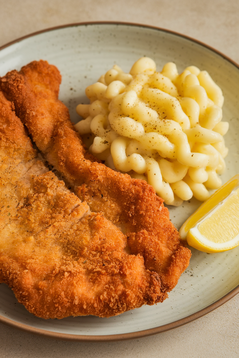 Indoor photo of a crispy pork schnitzel cutlet beside a mound of buttered spaetzle noodles, lemon wedge on plate. No text or logos.