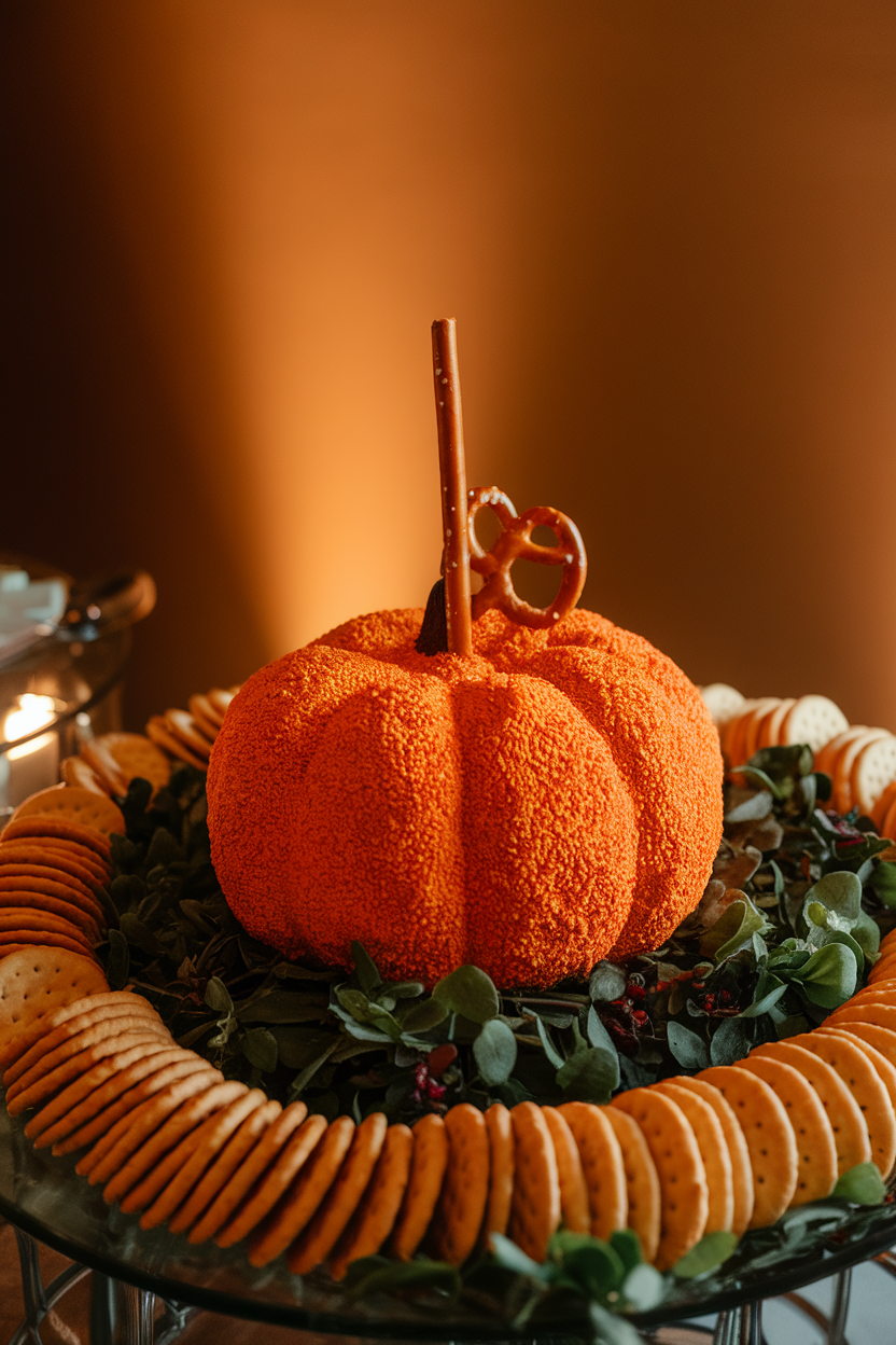 An indoor buffet table showing an orange-coated cheese ball scored to resemble a pumpkin, complete with a pretzel stick “stem,” surrounded by crackers. Warm lighting, no text or logos. Photo, not illustration.