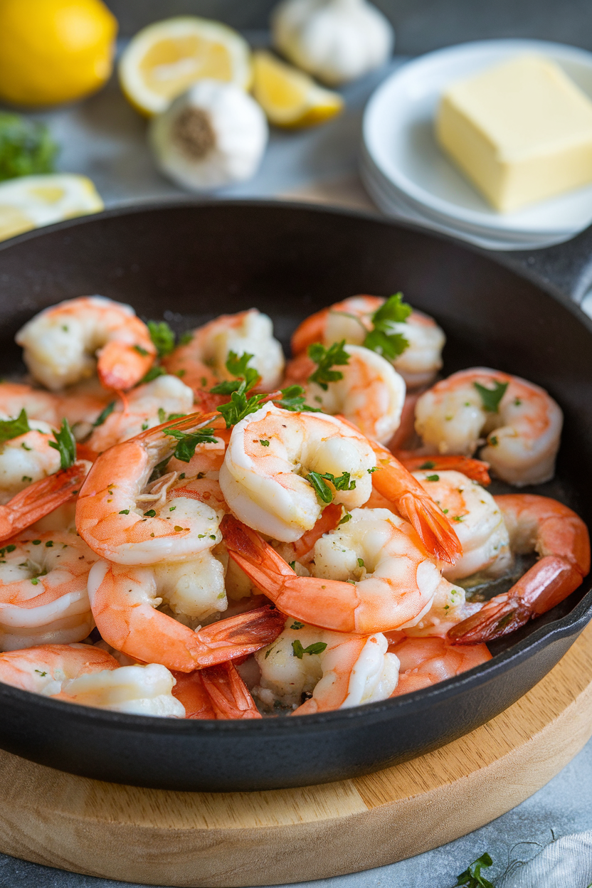 An indoor skillet with cooked shrimp tossed in garlic butter, parsley garnish, no text or logos. Photo.</Prompt