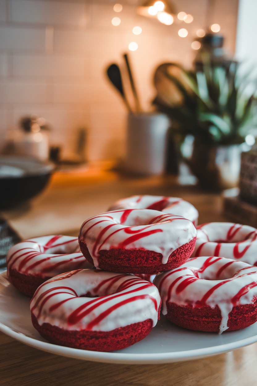 Photo of baked red velvet donuts topped with white glaze streaked with red raspberry sauce, indoor kitchen scene, no text or logos.