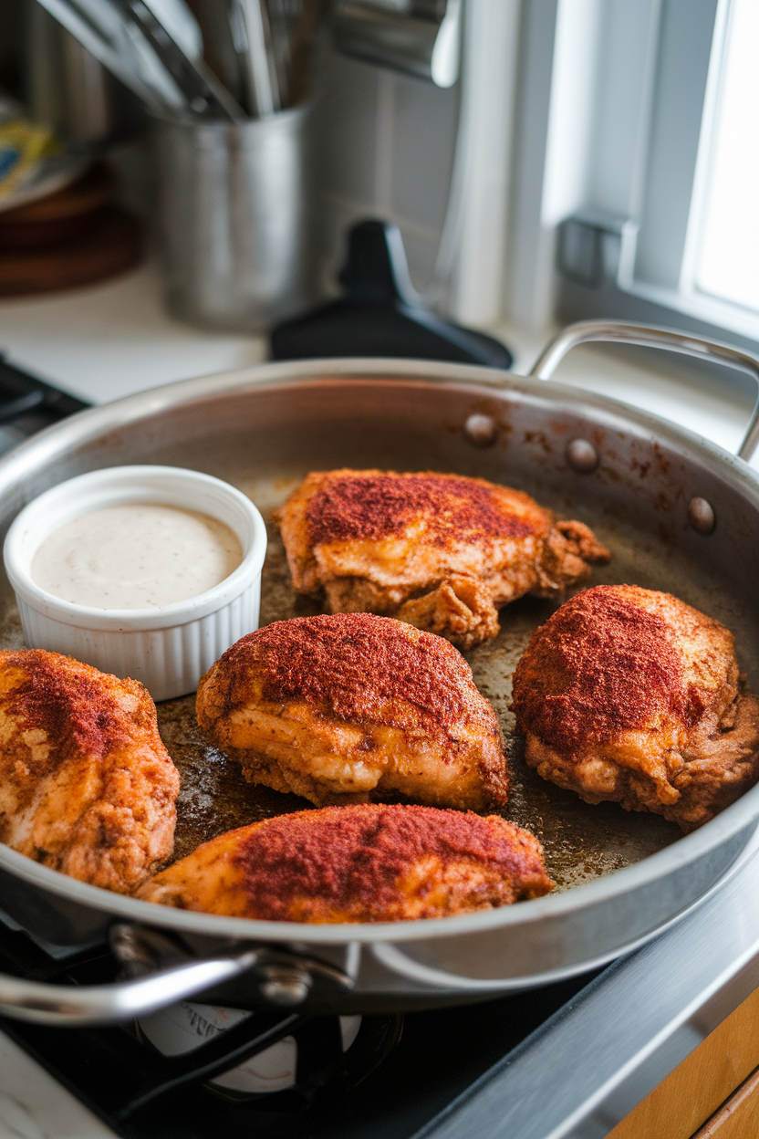 Indoor kitchen island with fried chicken breasts flecked with deep red Cajun spices, a ramekin of remoulade sauce beside them, photo only, no text or logos