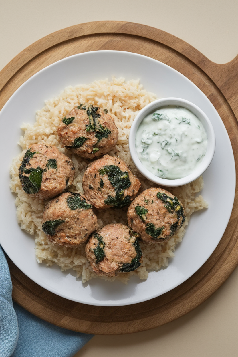 Indoor photo of baked turkey meatballs dotted with spinach and feta, arranged over brown rice with a side of tzatziki, overhead angle. No text or logos.