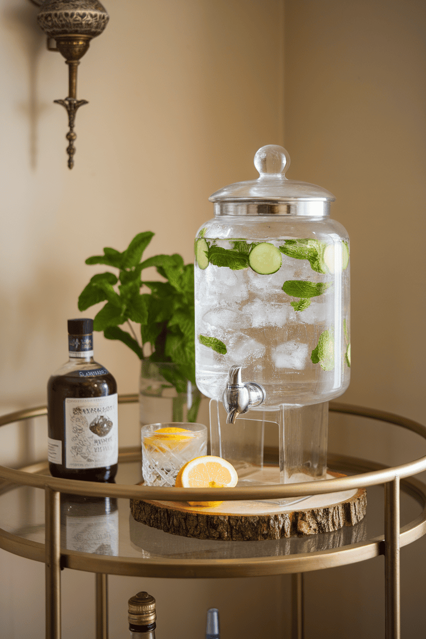An indoor bar cart displaying a clear glass dispenser of sparkling water infused with cucumber slices and mint leaves, ice cubes floating. No text or logos; photo.