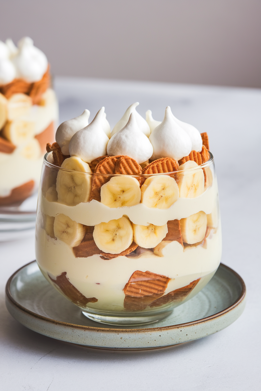 Indoor chilled dessert bowl layering vanilla wafers, sliced bananas, and creamy pudding topped with meringue peaks, no text or logos. Photo.
