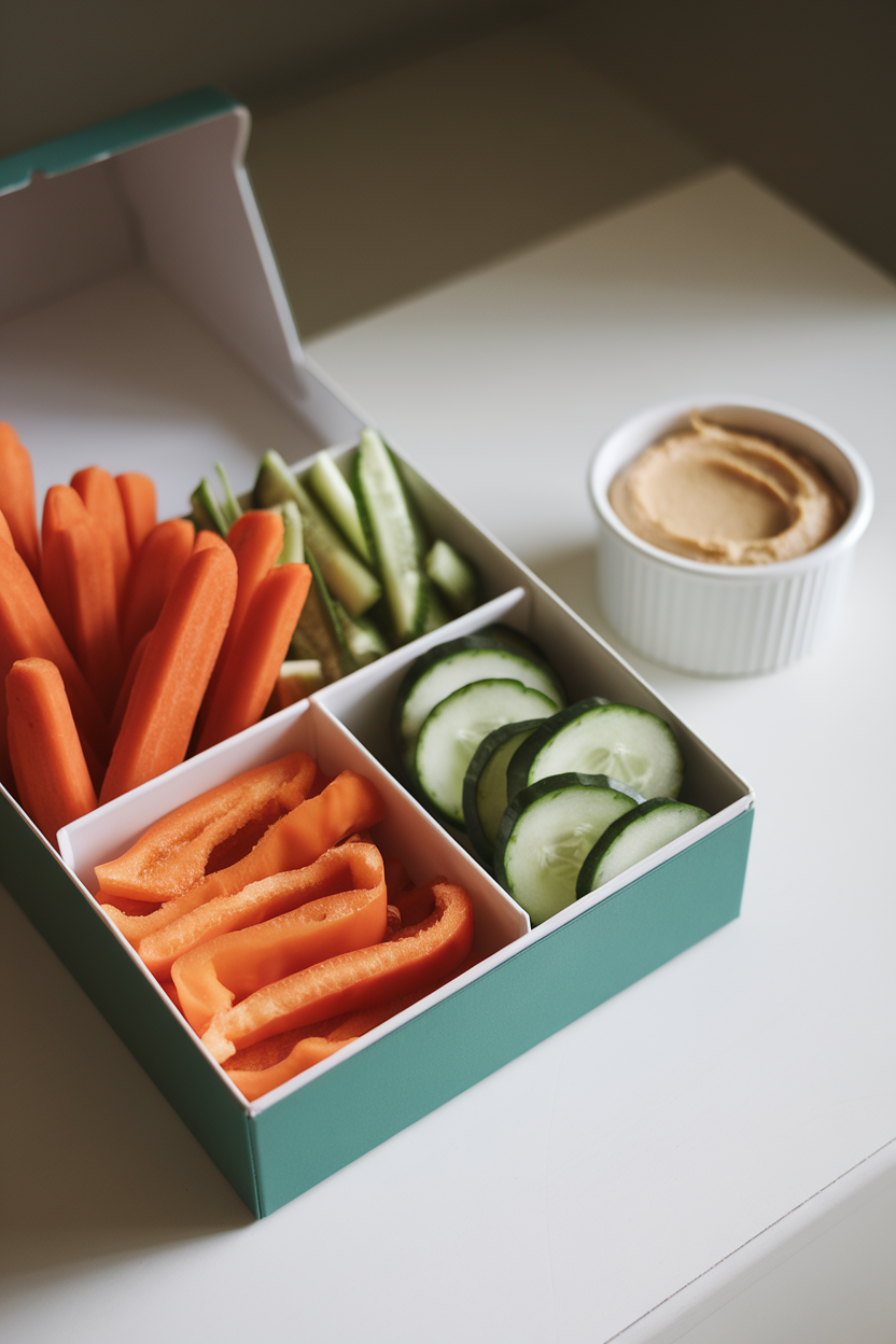 Photo of a compartmented box indoors with carrot sticks, cucumber slices, bell pepper strips, and a small cup of hummus. No text or logos.