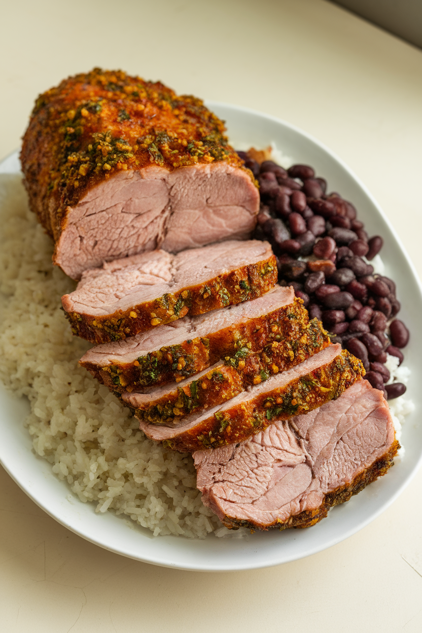 Indoor photo of sliced mojo pork shoulder with citrus herb crust, served with rice and black beans, no text or logos. Photo only.