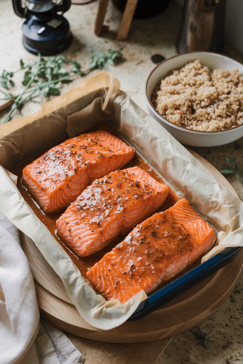 An indoor countertop scene with a parchment-lined baking dish of flaky cooked salmon glazed in a shiny maple-Dijon sauce, sitting next to a bowl of fluffy quinoa—no text or branding. Photo only.