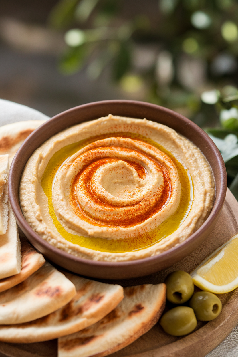 Photo of an indoor bowl of creamy hummus swirled with smoked paprika and olive oil drizzle; no text or logos