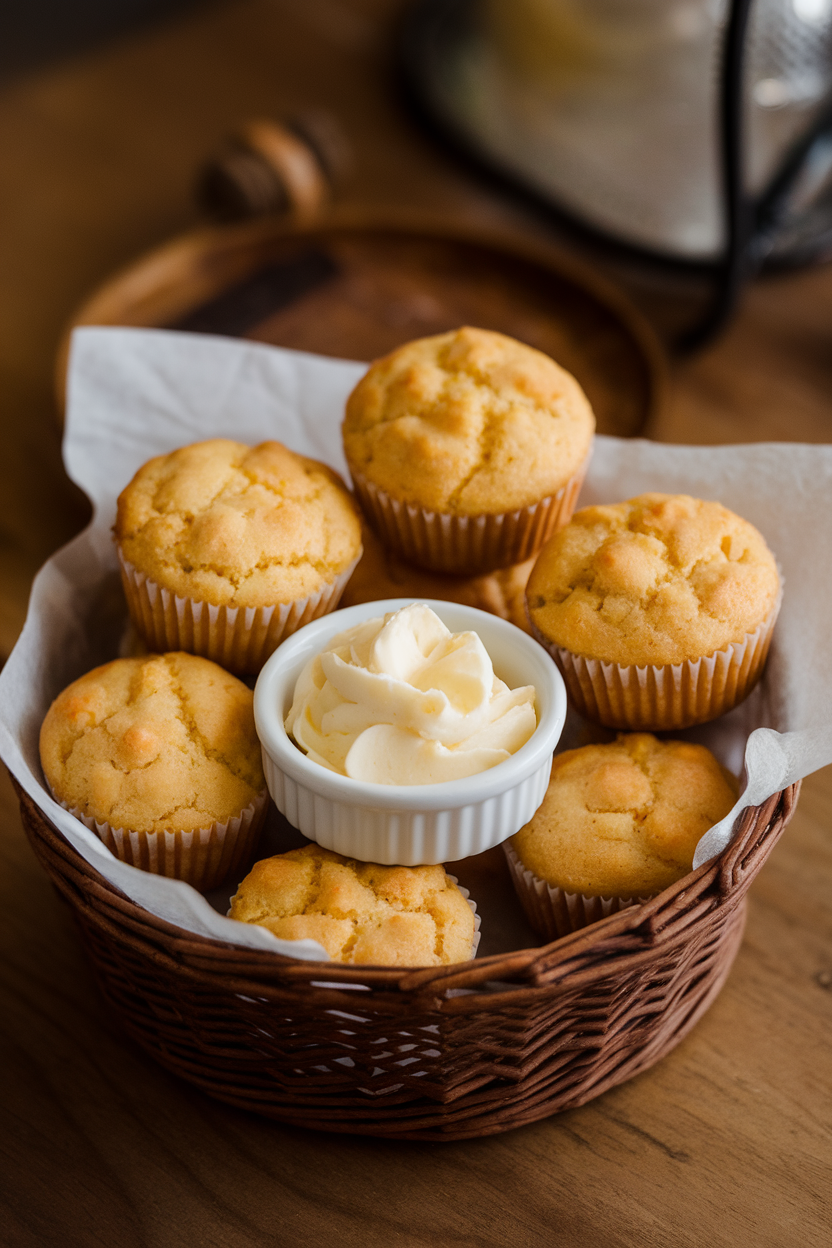 Indoor photo of bite-sized cornbread muffins in a basket with a small dish of whipped honey butter; warm tones, no text or logos.