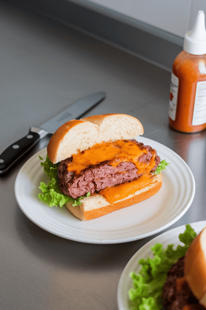 An indoor kitchen counter displaying a sliced burger revealing melted cheddar inside the patty, served on a toasted bun with lettuce. No text or logos; photo.