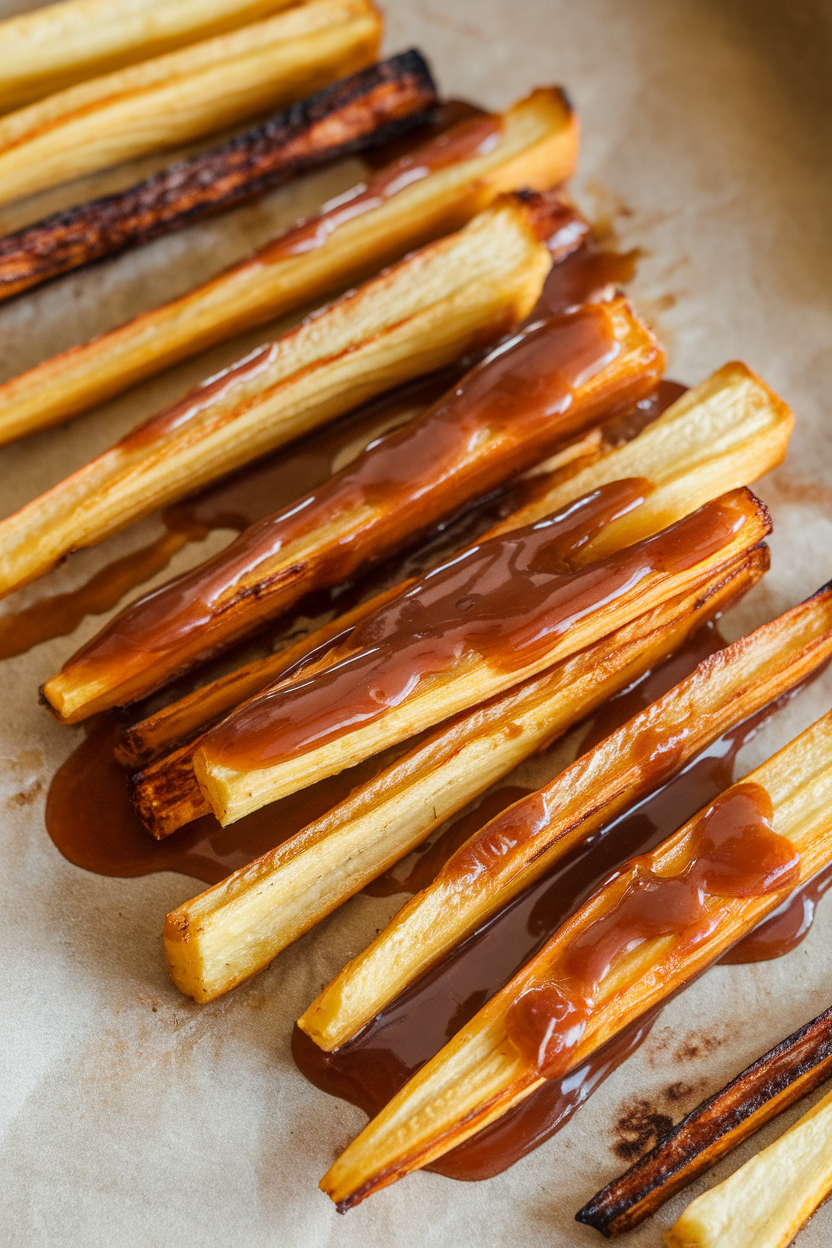 Golden roasted parsnip sticks glazed with maple-Dijon mixture, shown indoors on parchment; no text or logos. Photo only.