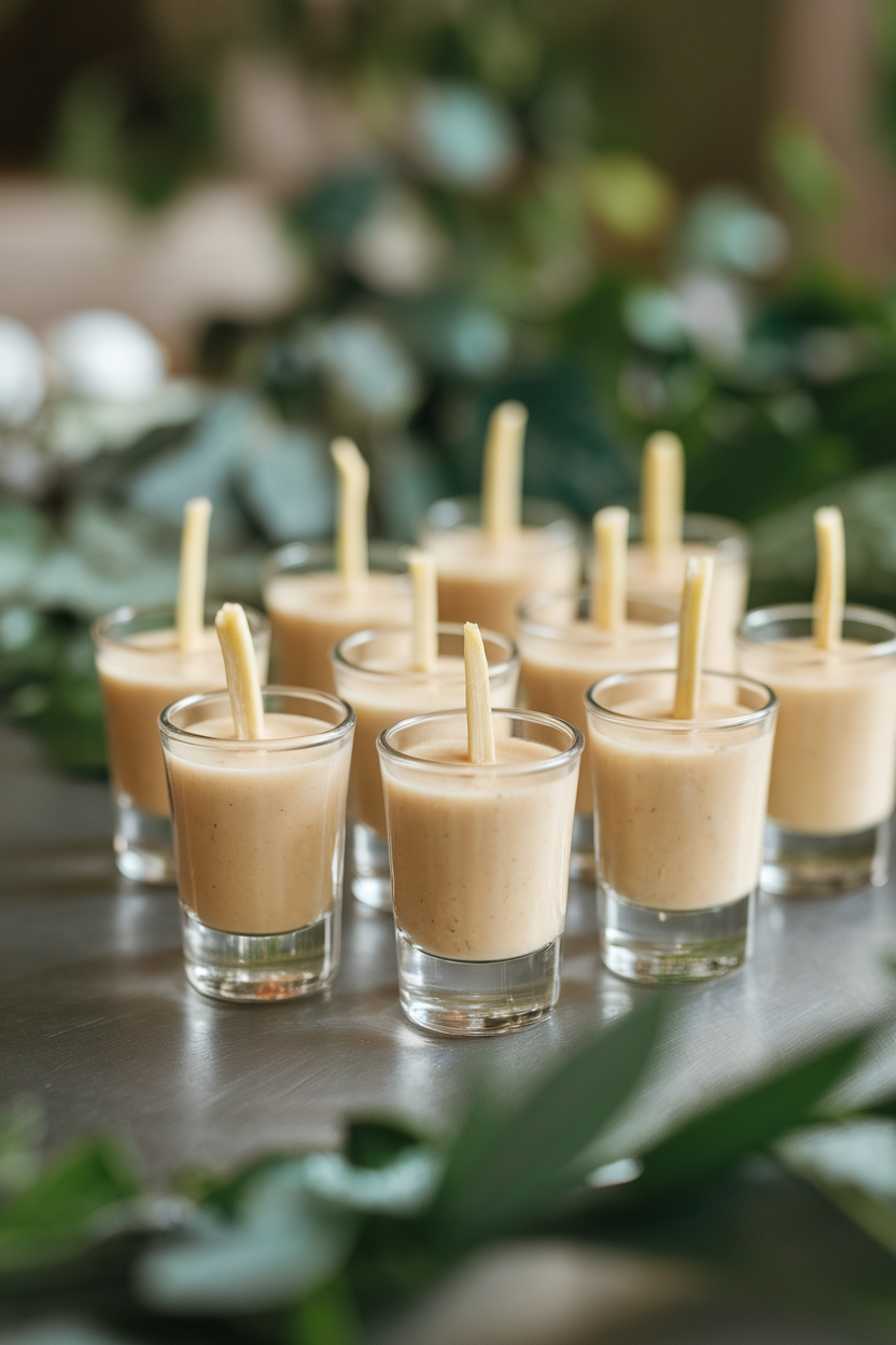 Indoor scene with shot glasses filled with pale creamy soup, each topped with a tiny apple matchstick garnish. No text or logos. Photo only.