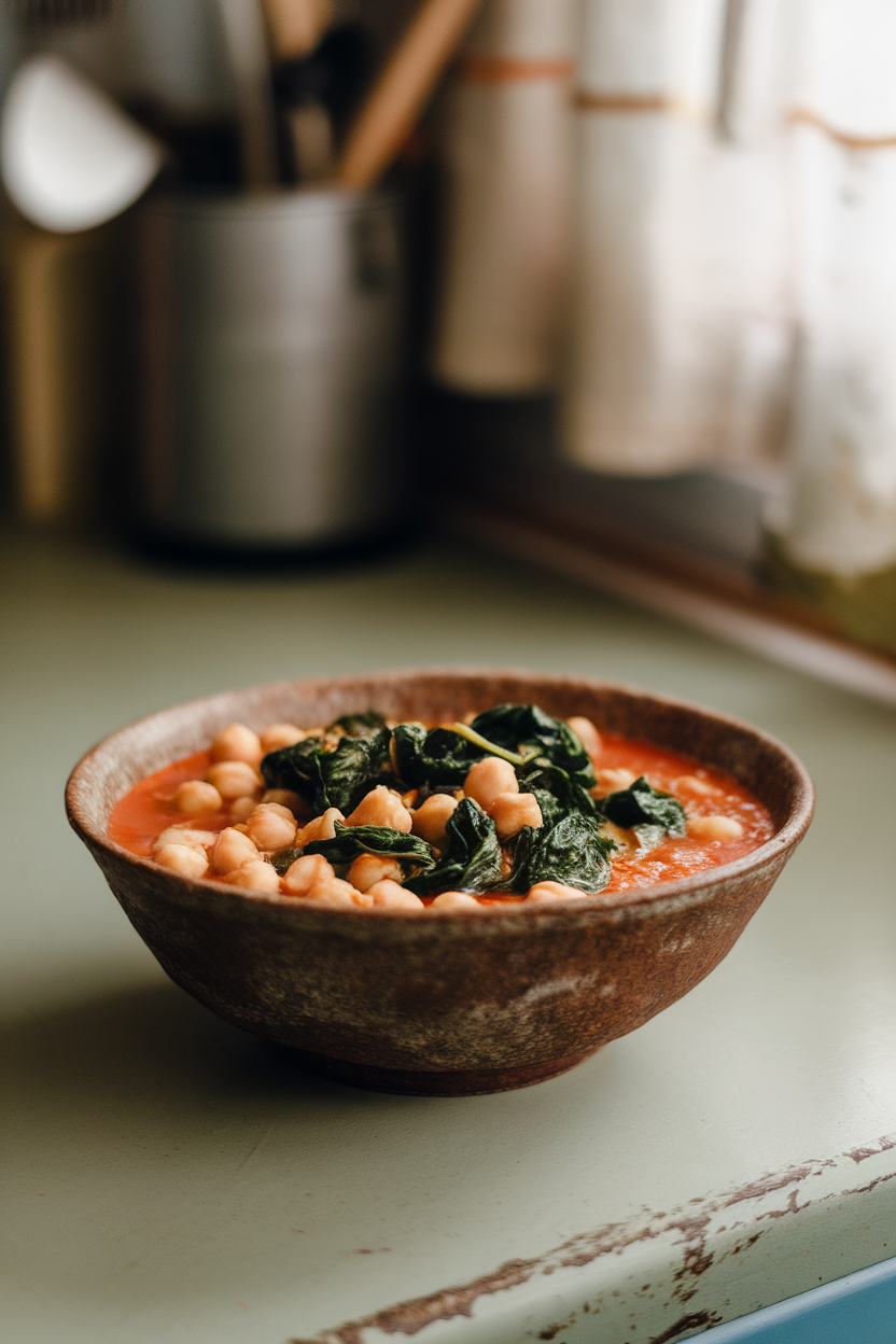 A rustic bowl on an indoor countertop filled with chickpeas and wilted spinach in a tomato-garlic broth. No logos or text, photo style.