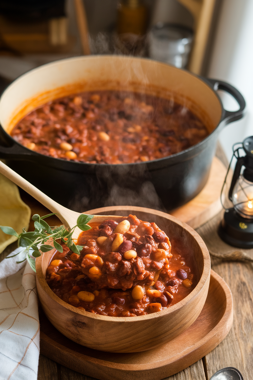 Indoor Dutch oven filled with steaming beef and bean chili, a ladle resting inside, subtle green garnish for a “potion” vibe. No text or logos.