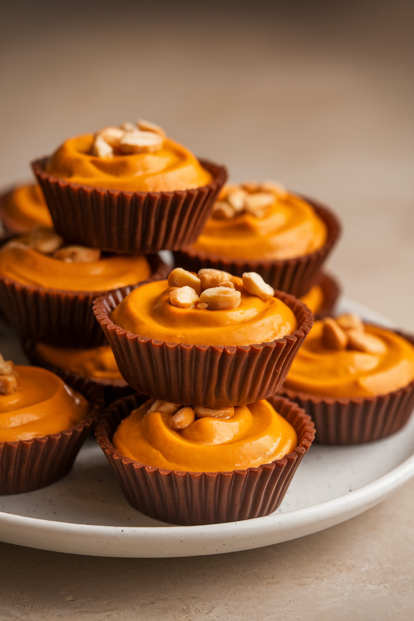 Indoor confectionery plate stacked with homemade chocolate cups filled with orange pumpkin-peanut butter filling. Photo, no text or logos.