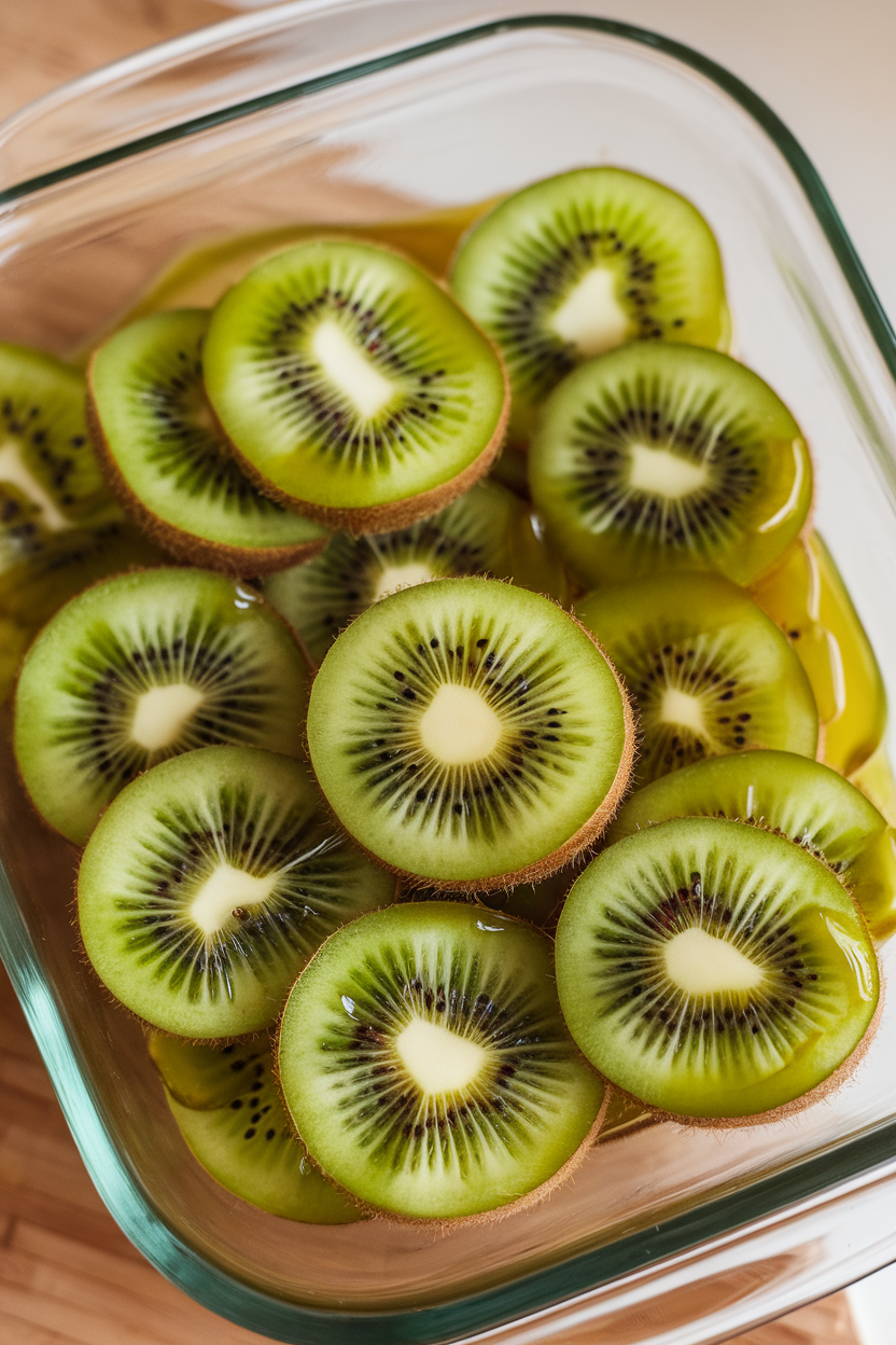 A shallow glass dish indoors filled with overlapping kiwi slices drizzled with vibrant green honey-lime glaze, giving a slimy sheen. No text or logos.
