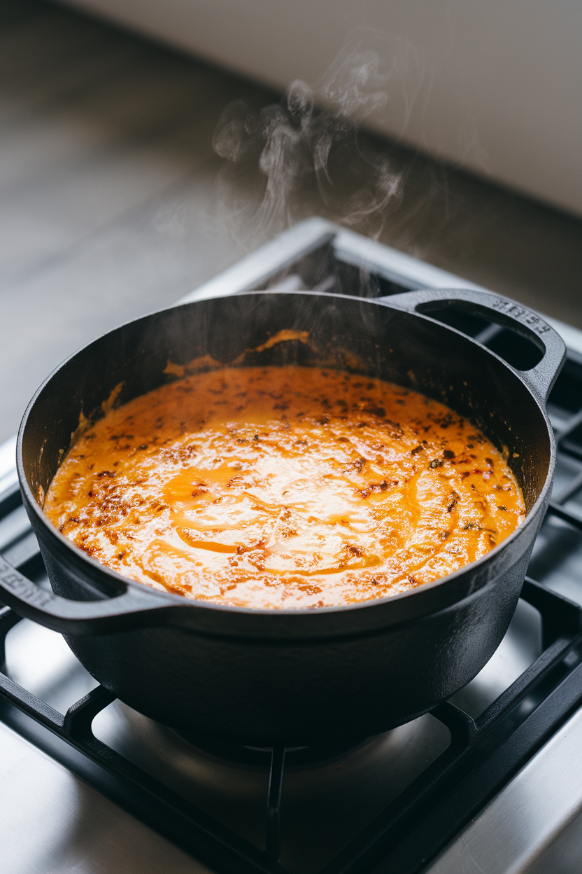 An indoor stove-top shot with a cast-iron pot of molten queso speckled with chipotle, steam rising. Photo, no text or logos.