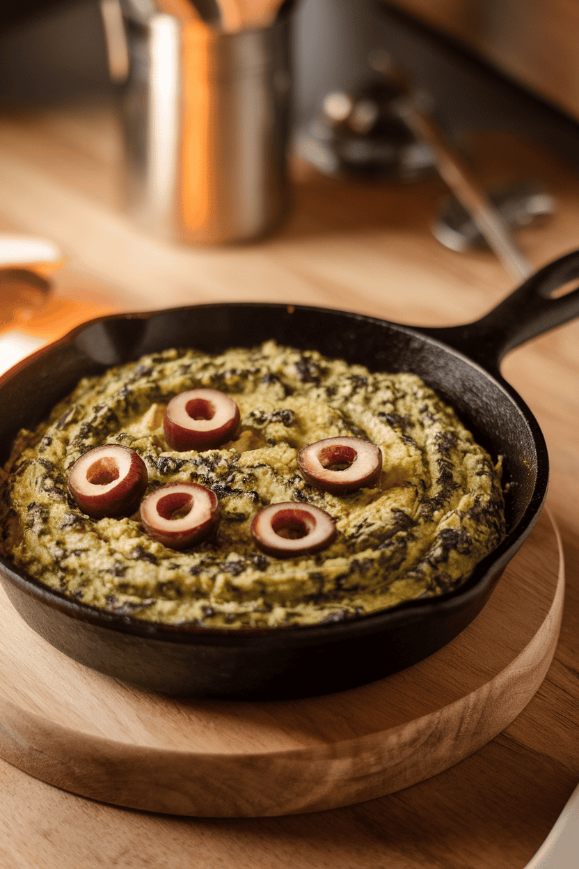 Indoor photo of a cast-iron skillet of green spinach-artichoke dip, topped with olive “eyes” peering out. No text or logos.