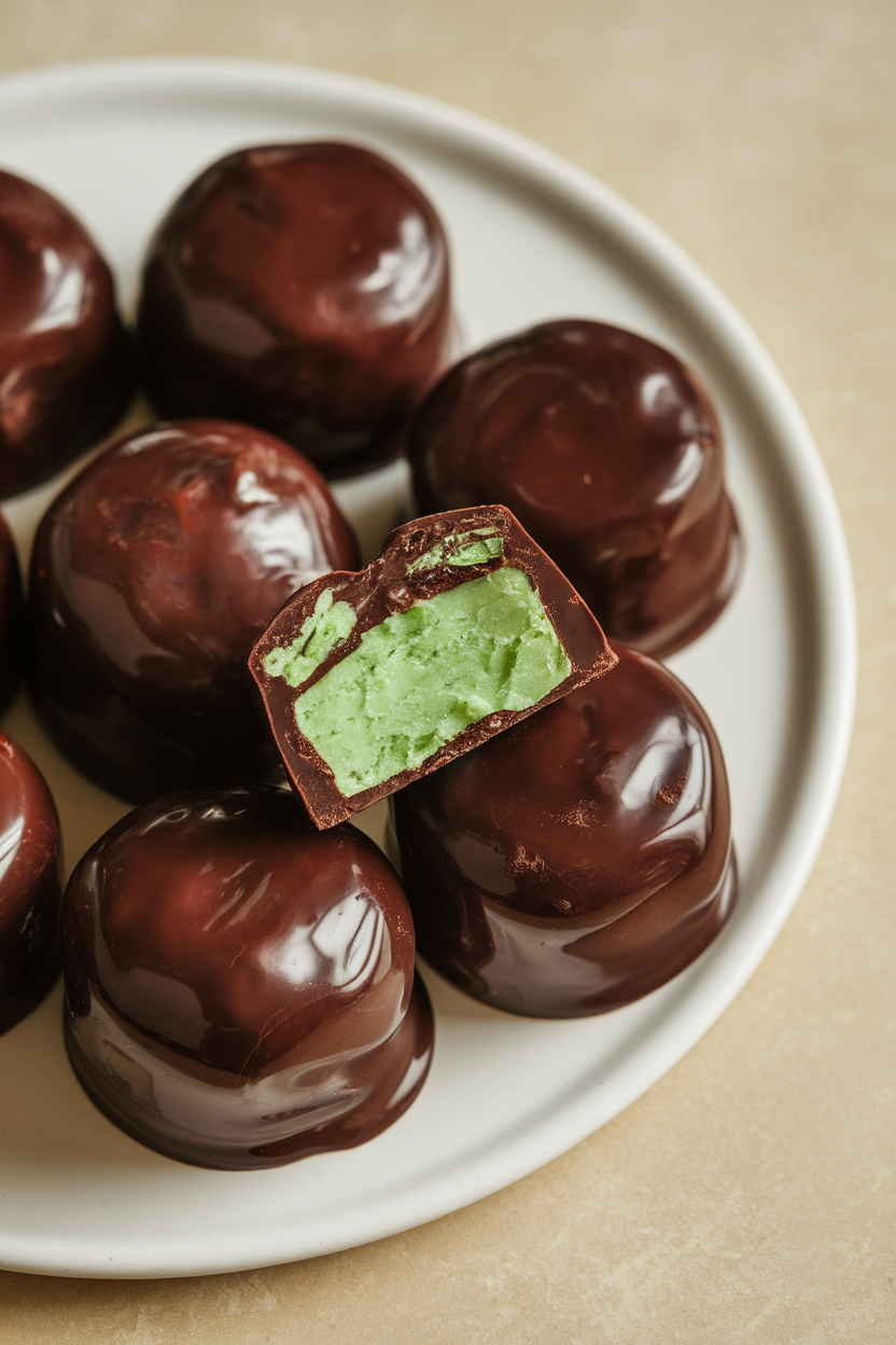 Photo of indoor white plate with glossy dark-chocolate-coated mint fondant candies, one split open to show filling, no text
