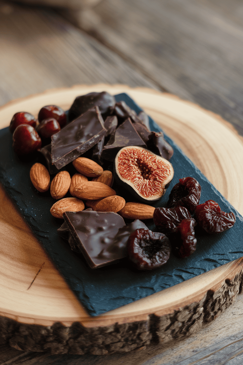 Indoor image of a black slate loaded with dark chocolate bark, espresso almonds, black mission figs, and dried cherries. No text or logos.