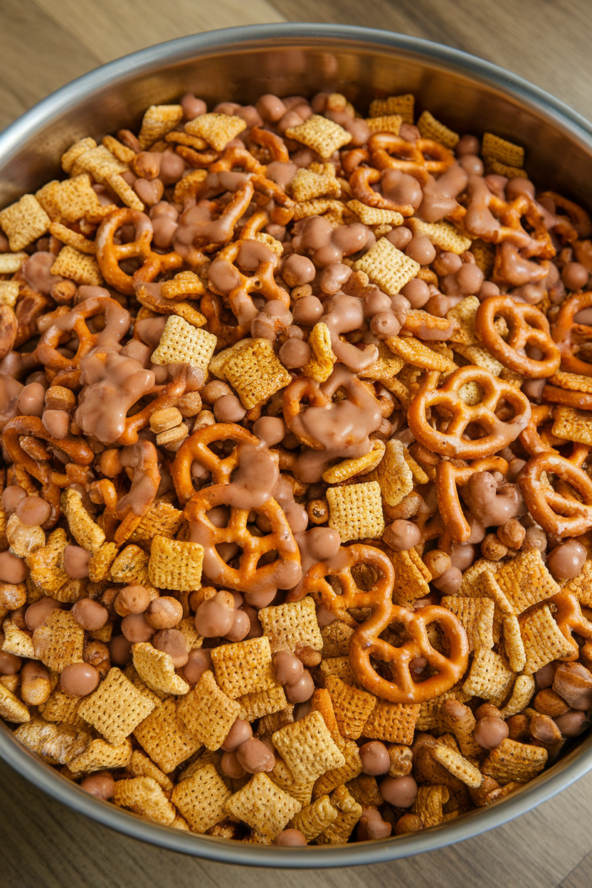 Photo of large indoor bowl of cereal and pretzel snack mix coated with pumpkin spice glaze, no text or logos.