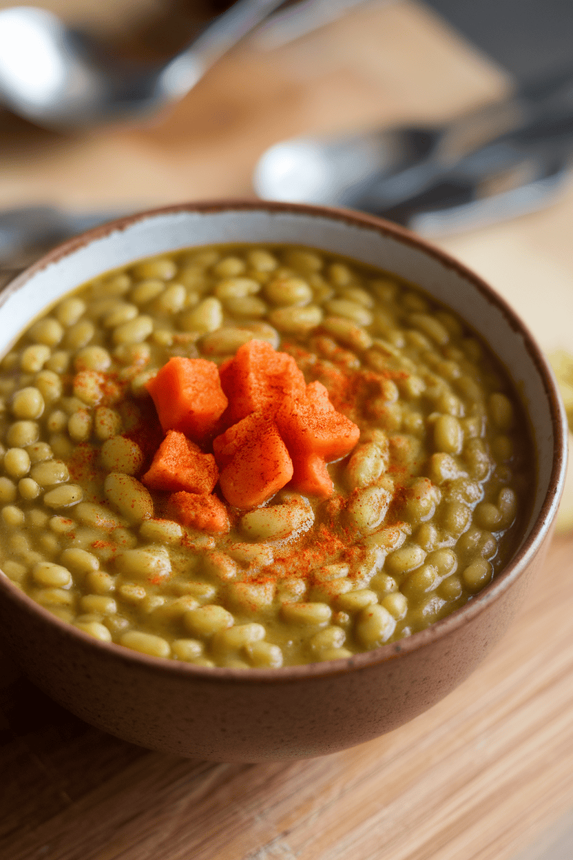 An indoor bowl of thick green split pea soup with diced carrots and a sprinkle of smoked paprika on top, no text or logos.