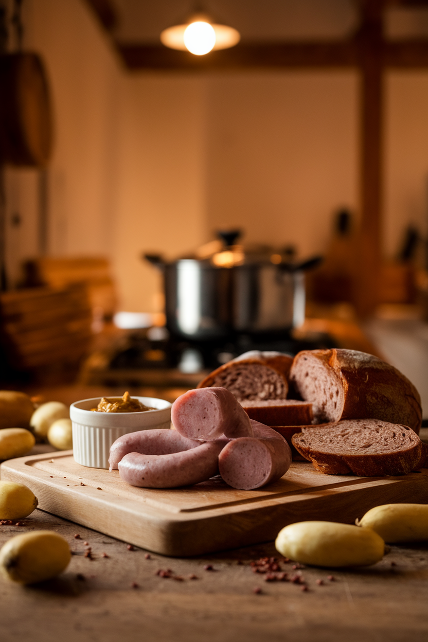 Warm indoor kitchen scene showing a cutting board with thick cider-poached sausage coins, whole grain mustard in a ramekin, rye bread slices, and cornichons scattered around. No text or logos. Photo only.