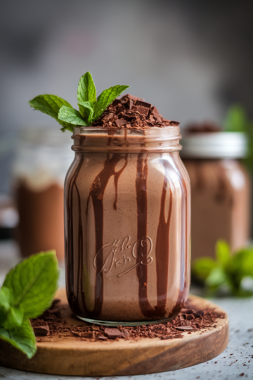 Indoor photo of deep chocolate mint shake in a glass jar, topped with crushed chocolate cookies resembling forest soil. No text or logos present.
