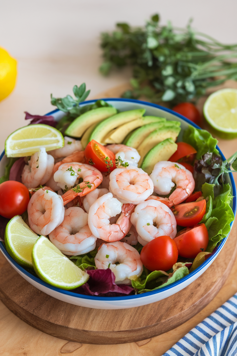 A chilled indoor salad bowl containing cooked shrimp, avocado chunks, cherry tomatoes, and lime wedges. No logos or text, photo style.