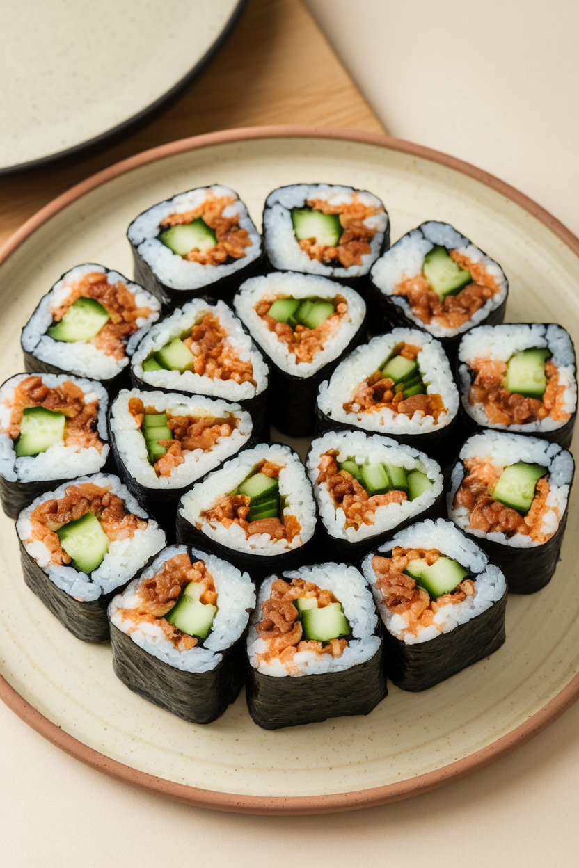 Indoor photo of sliced sushi rolls filled with sesame-marinated cooked tofu, cucumber, and brown rice, arranged on a plate. No text or logos.