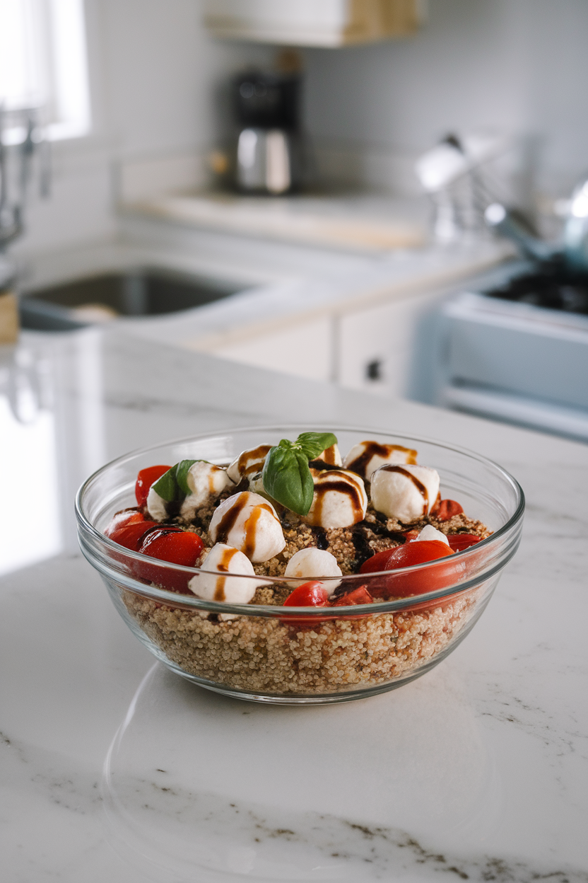 An indoor kitchen island with a glass bowl holding quinoa, cherry tomatoes, mini mozzarella balls, and torn basil drizzled with balsamic glaze; no text or logos present.