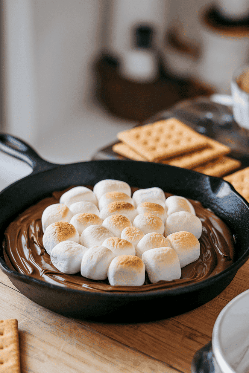 Indoor cast-iron skillet packed with toasted marshmallows over melted chocolate, graham crackers on the side. No logos or text.