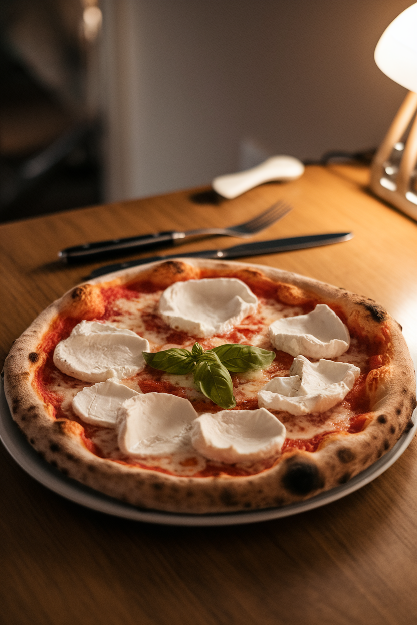 Indoor table with a traditional Margherita pizza topped post-bake with torn burrata pieces that resemble lunar craters. Photo only, no text or logos.