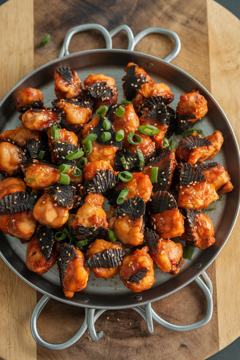 Indoor serving platter of soy-glazed chicken drumettes tinted nearly black, arranged in a bat-wing fan. Photo, no text or logos.