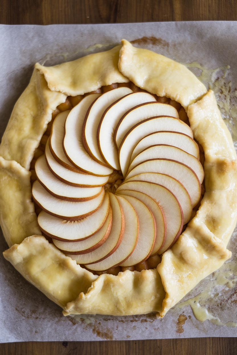 An indoor baking stone featuring a free-form galette with pear slices fanned in a spiral, crust folded casually around the edges and brushed with egg wash. No text or logos.