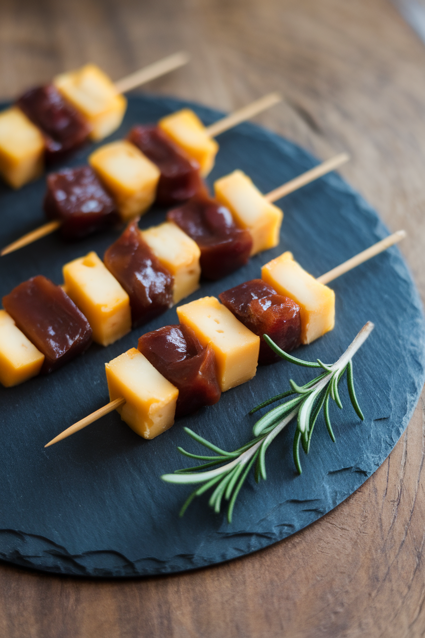 An indoor slate board holding small skewers alternating cubes of manchego cheese and deep-red quince paste, rosemary sprig garnish. No text or logos. Photo only.
