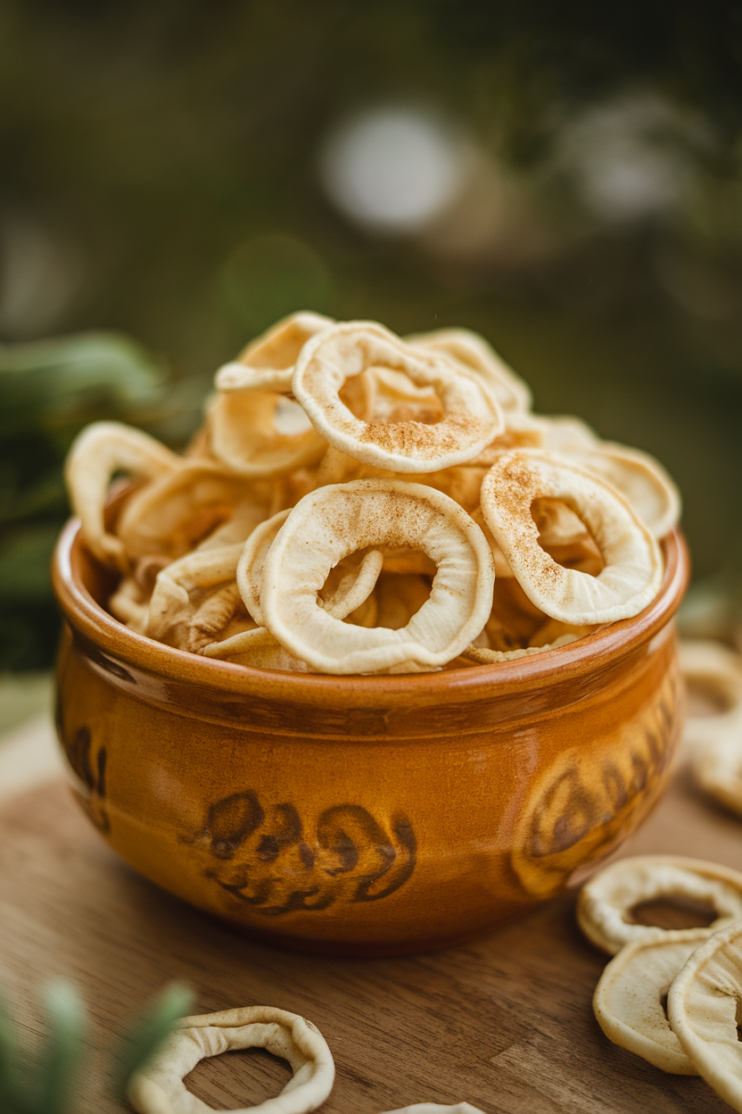 An indoor shot of a ceramic bowl piled high with light golden dried apple rings, faint cinnamon dusting visible. Soft, natural lighting; no text or logos.