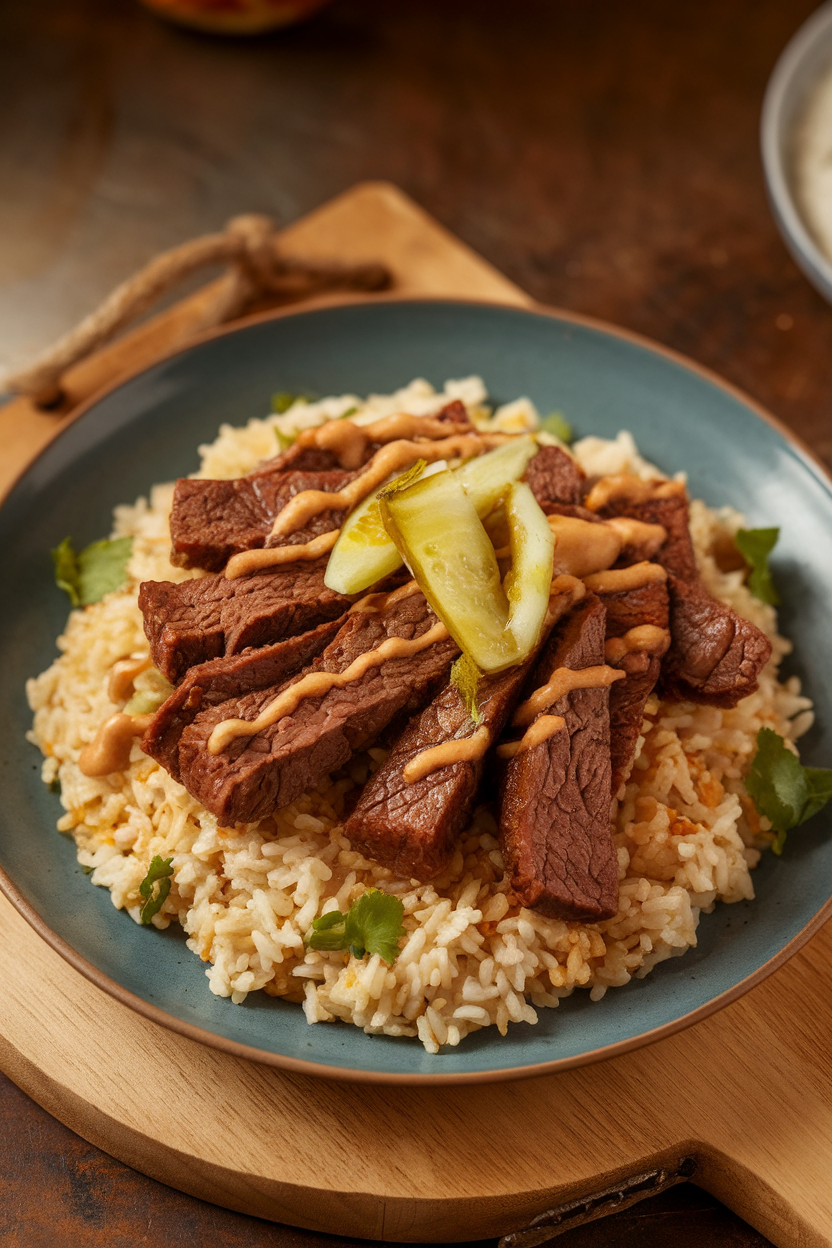 Warm indoor shot of spiced beef strips over rice pilaf, garnished with pickled cucumbers and a drizzle of toum sauce. No text or logos.