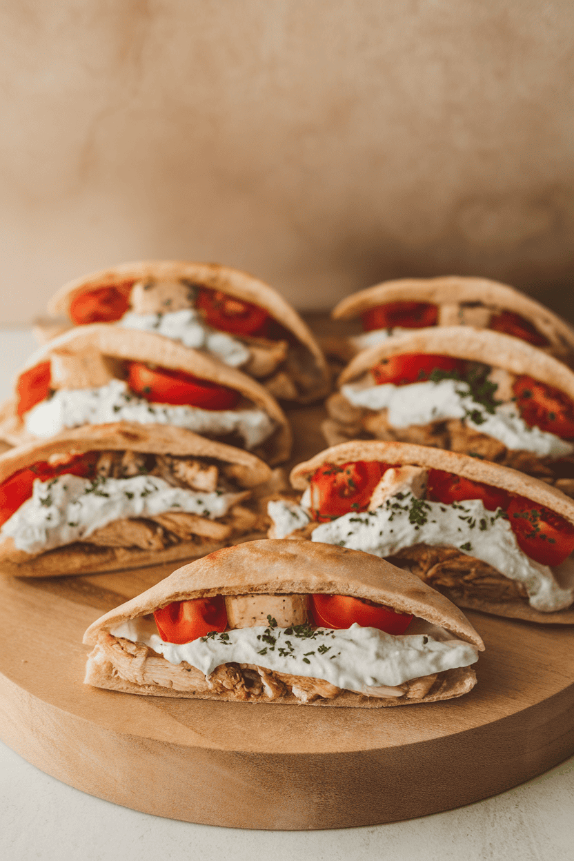 Indoor photo of halved pitas filled with chicken, tomatoes, and tzatziki, arranged on a wooden board. No branding.