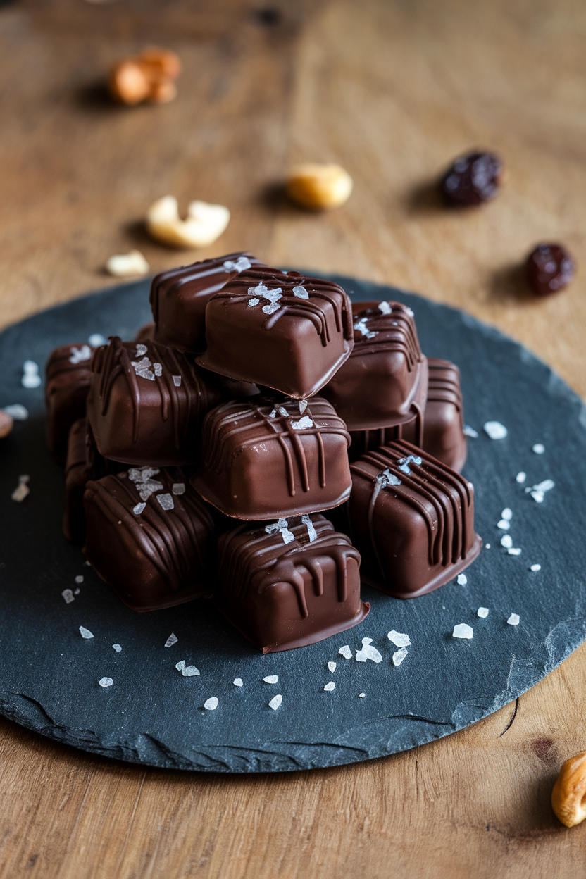 A slate indoor serving board stacked with individually wrapped dark chocolate-dipped caramels sprinkled with black sea salt. Photo only, no text or logos.