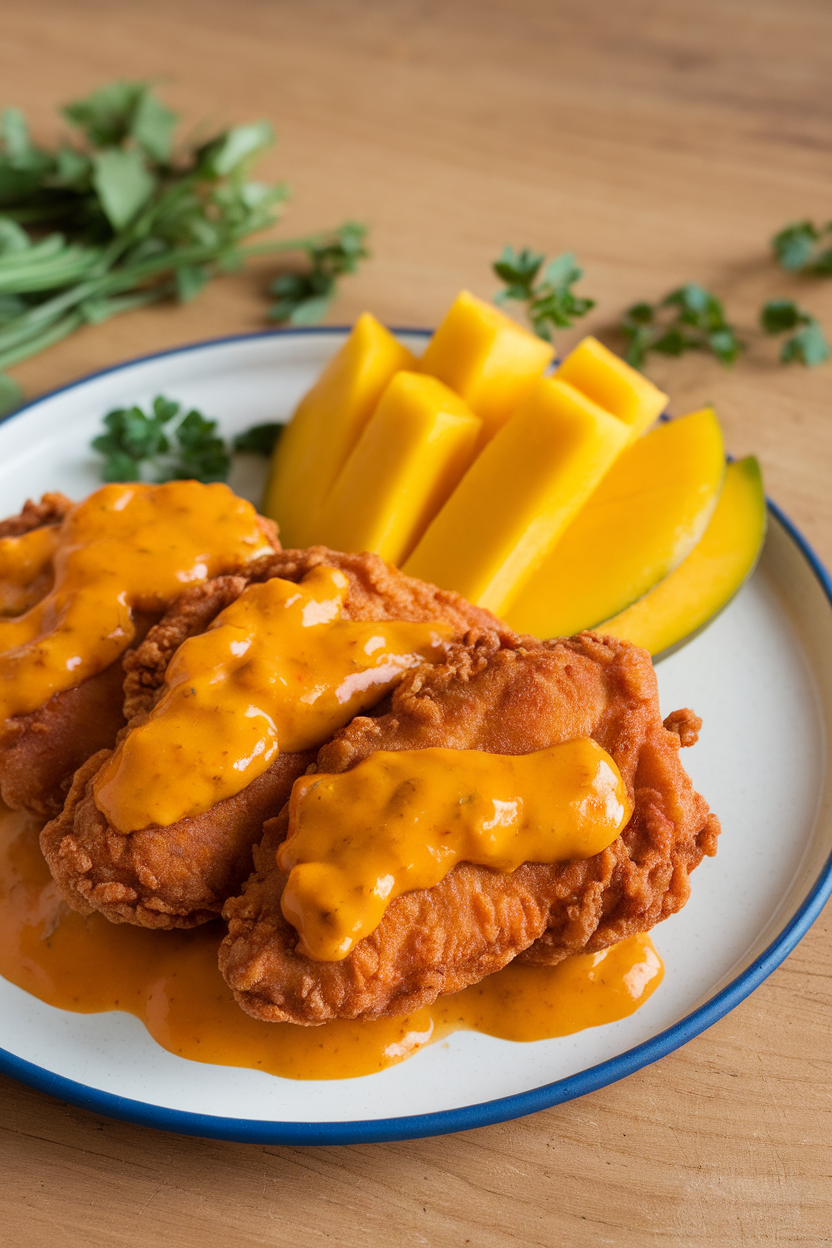 Indoor dining scene featuring fried chicken breasts glazed in bright mango-habanero sauce, mango slices on plate, photo only, no text or logos