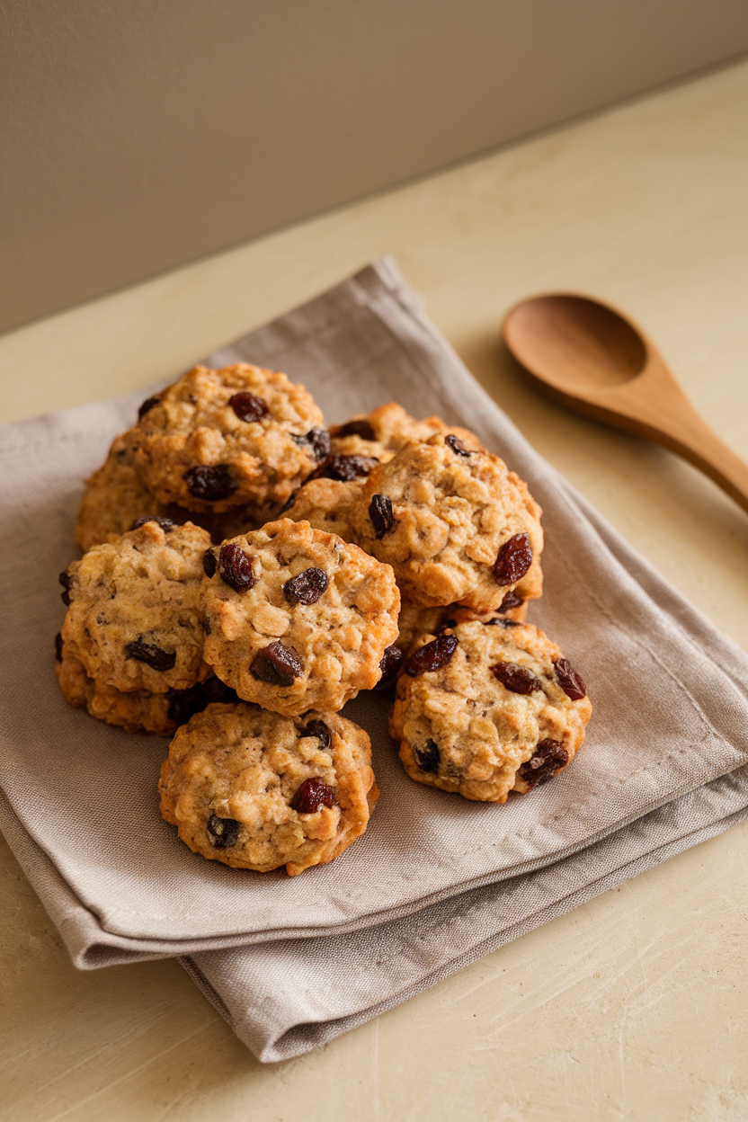 Indoor tabletop with several bite-size oatmeal raisin cookies stacked irregularly on a linen napkin. No text or logos.