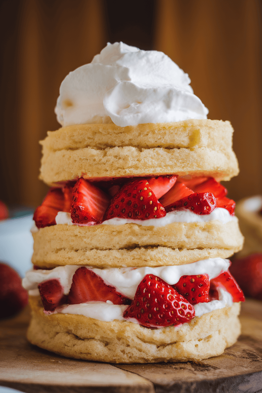 Indoor photo of split buttermilk biscuits layered with macerated strawberries and whipped cream, no text or logos