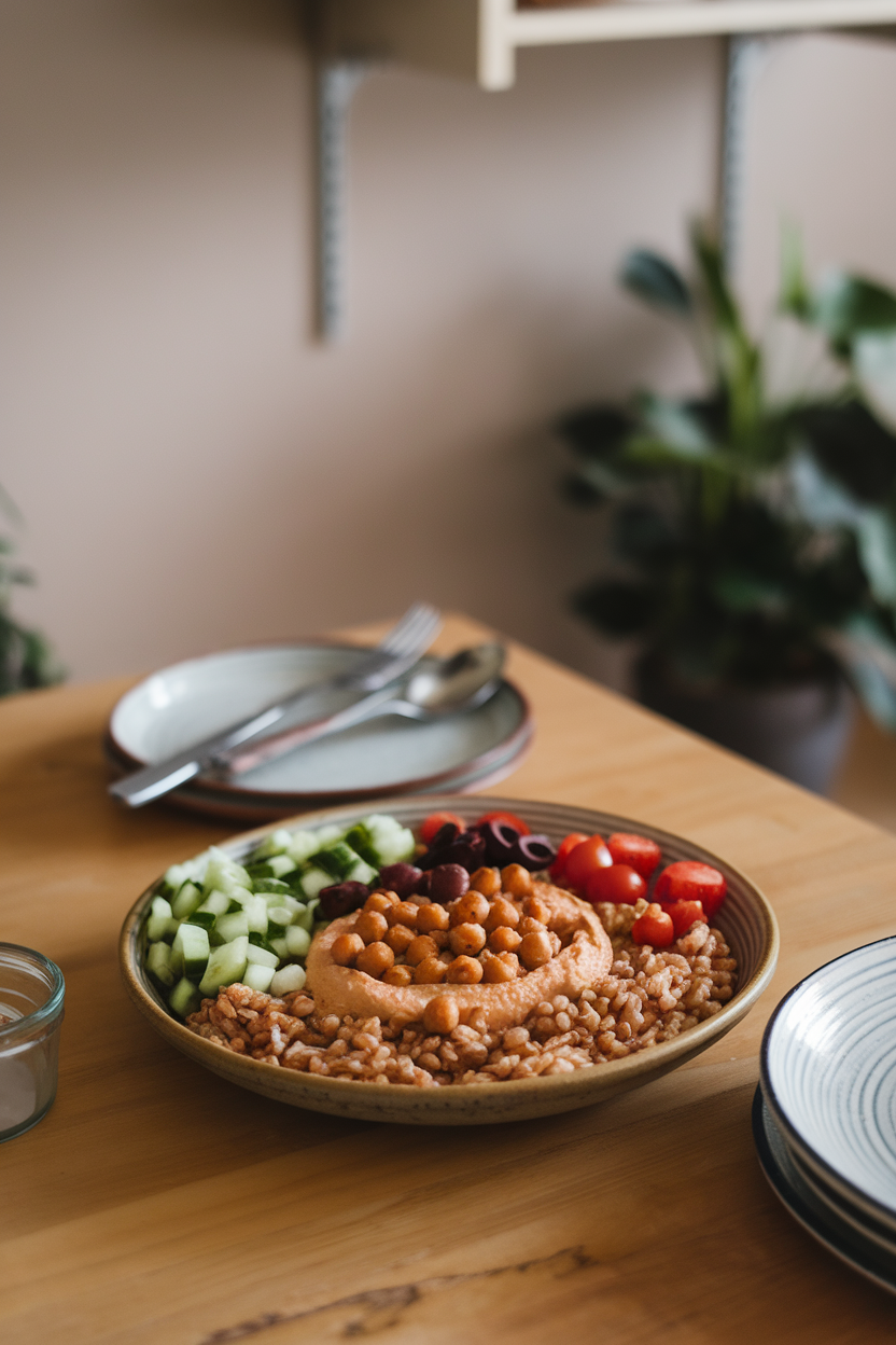 Photo of an indoor dining table showing a shallow bowl of cooked farro topped with spiced chickpeas, chopped cucumber, cherry tomatoes, olives, and a dollop of hummus. No visible text or logos.