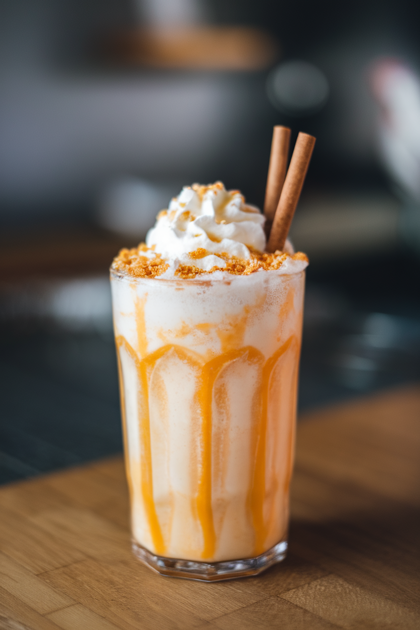 A frosty indoor glass of orange milkshake topped with whipped cream, pie crust crumbs, and a cinnamon stick straw. Photo only, no text or logos.