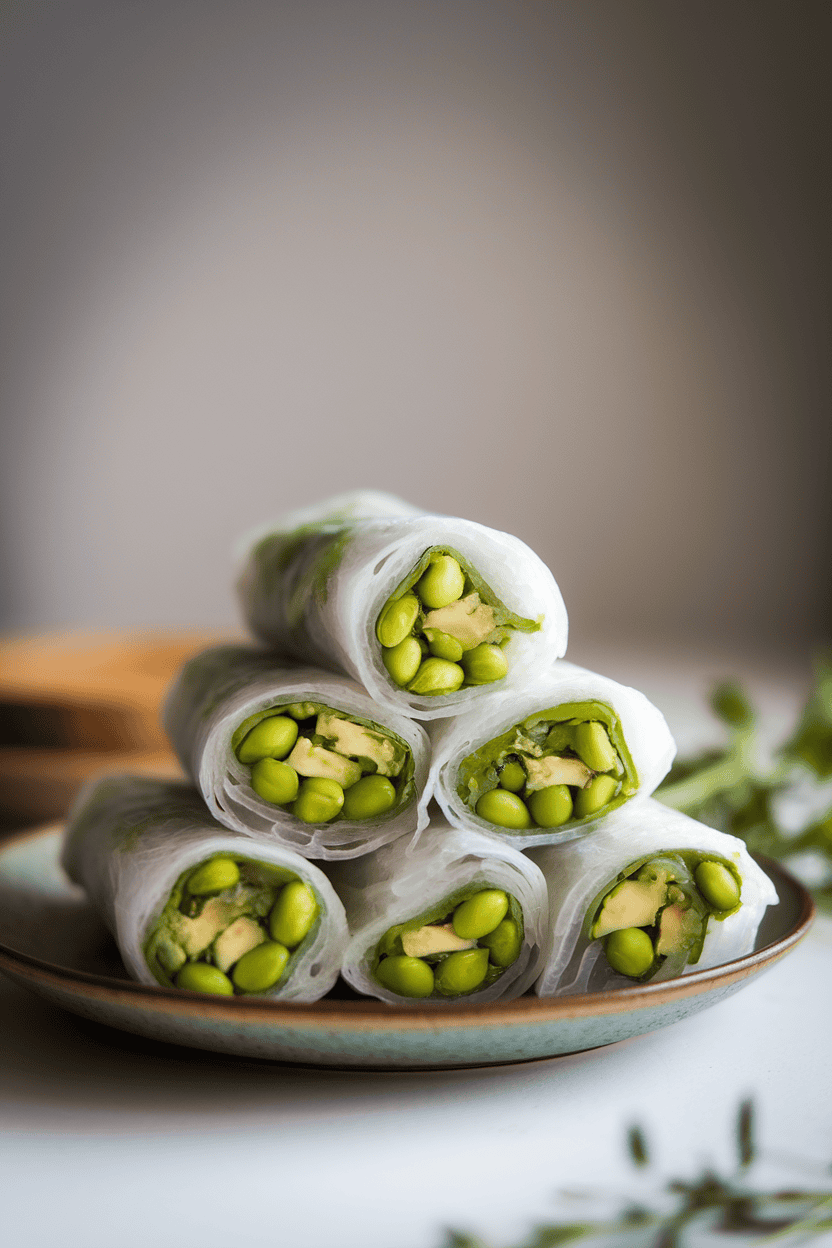 Photo of rice-paper rolls stacked on a plate indoors, showing green edamame and avocado through the wrapper, no text or logos.