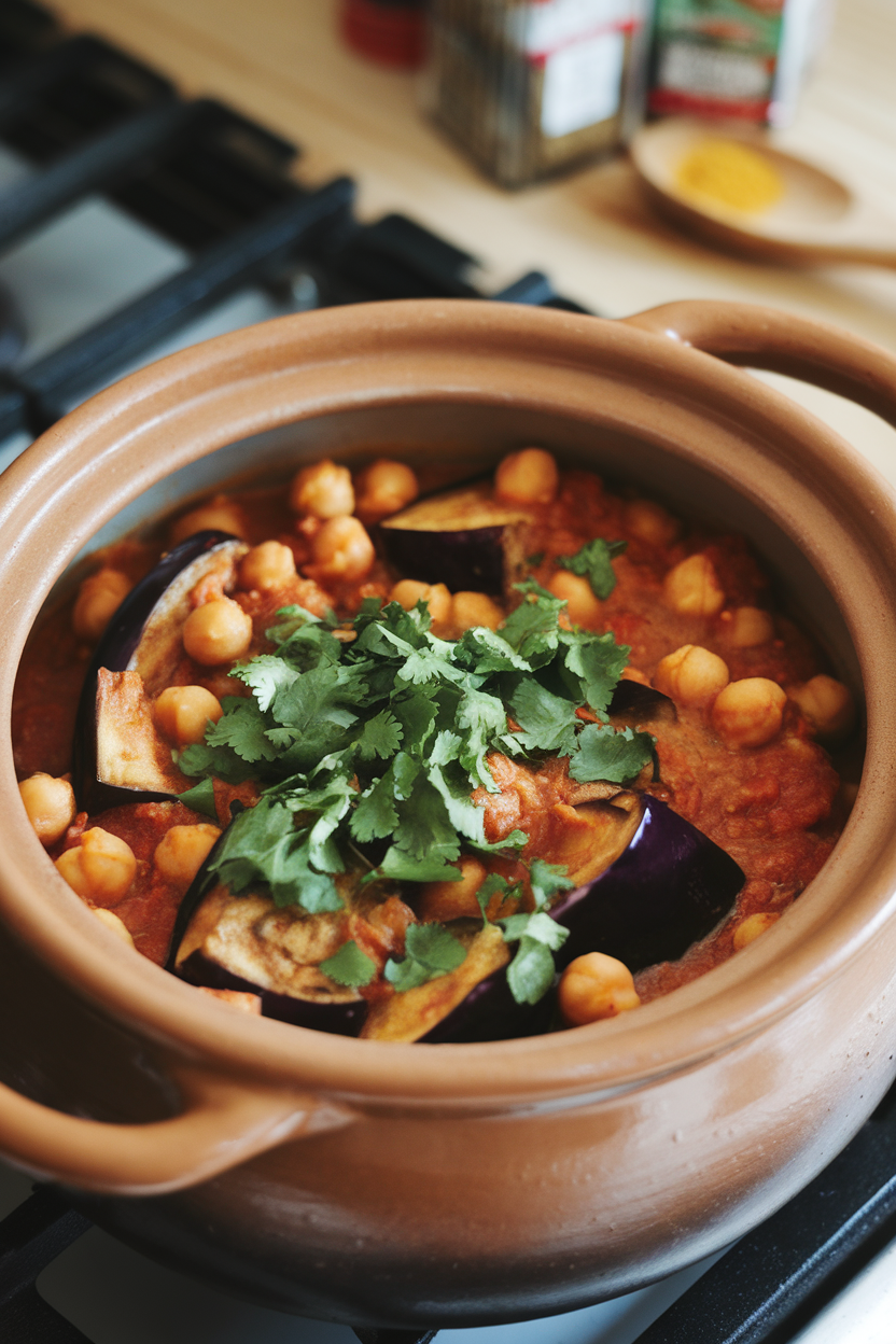 A clay pot on an indoor stovetop showing stewed eggplant cubes and chickpeas in a spiced tomato sauce, topped with chopped cilantro. No text or logos.