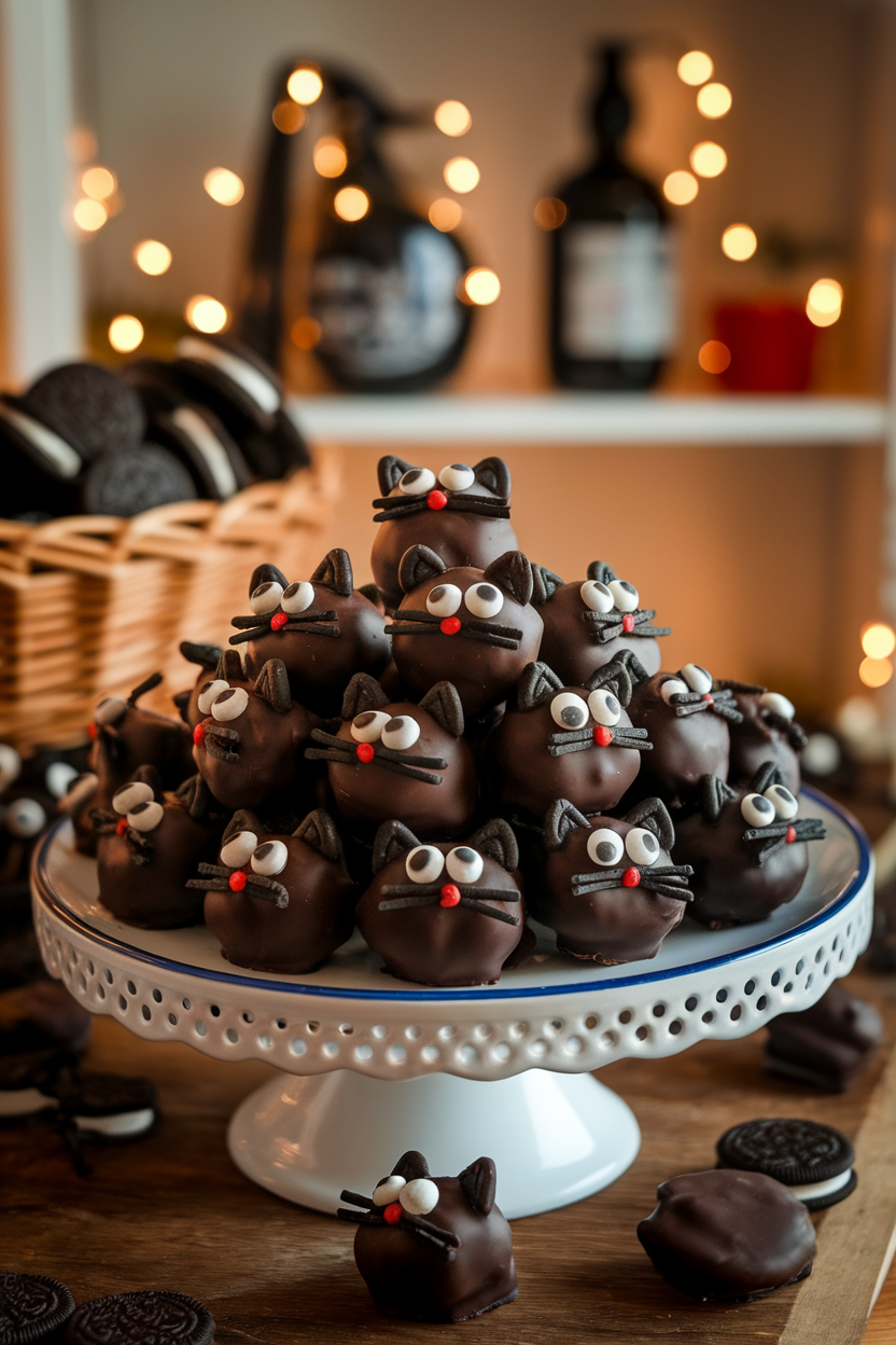 A warmly lit indoor kitchen counter displaying a white plate piled with dark chocolate–coated Oreo truffles, each decorated with candy eyes and licorice whiskers to resemble black cats. Photo only, no text or logos.